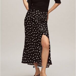 Anthropologie Maeve Mel Ruched Side-Slit Black Polka Dot Skirt MP